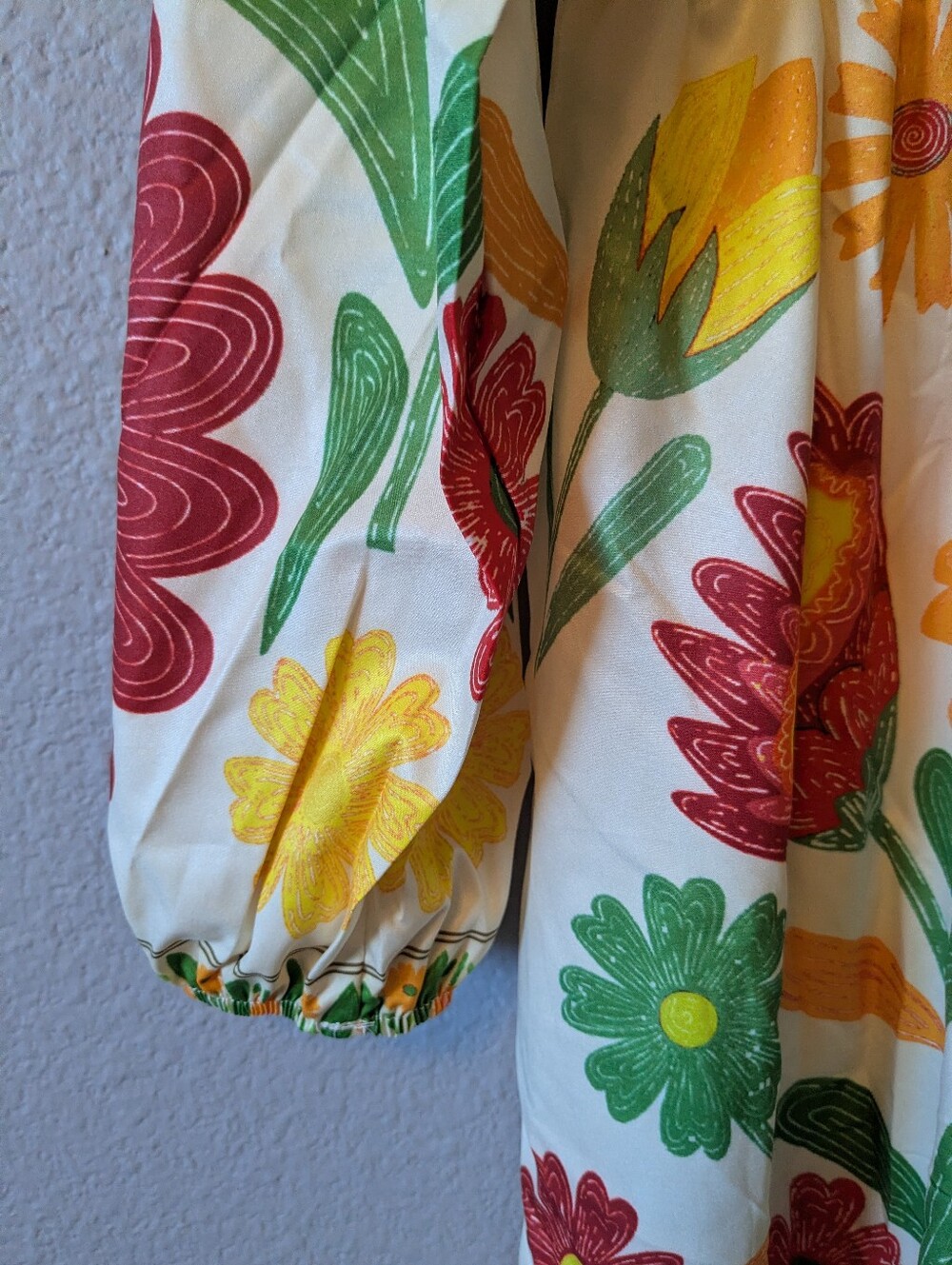 New Floral Tie-Neck Midi Dress in Cream with Red, Yellow & Green Print - Picture 5 of 8